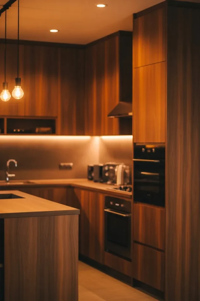 Wood Kitchen with Warm Ambient Lighting