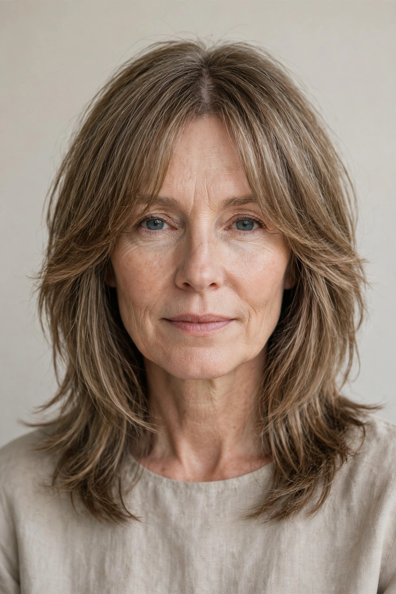 Curtain-Bang Shag for Women Over 50 with Fine Hair
