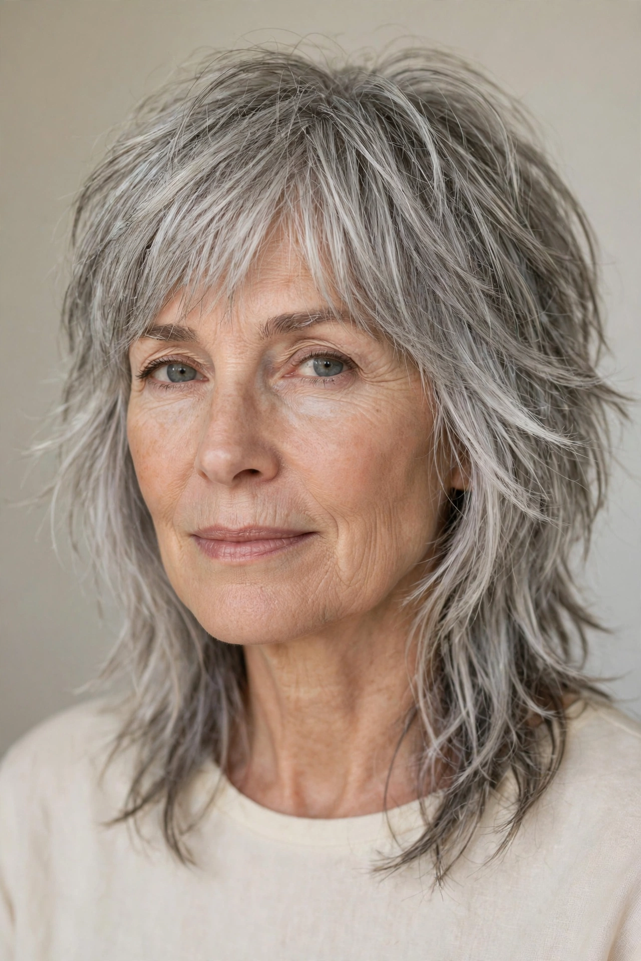 Silver Shaggy Layers for Graying Thin Hair