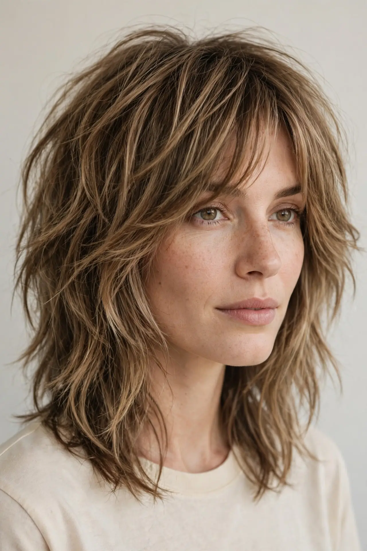 Shaggy Layers With Side-Swept Bangs for Medium Hair