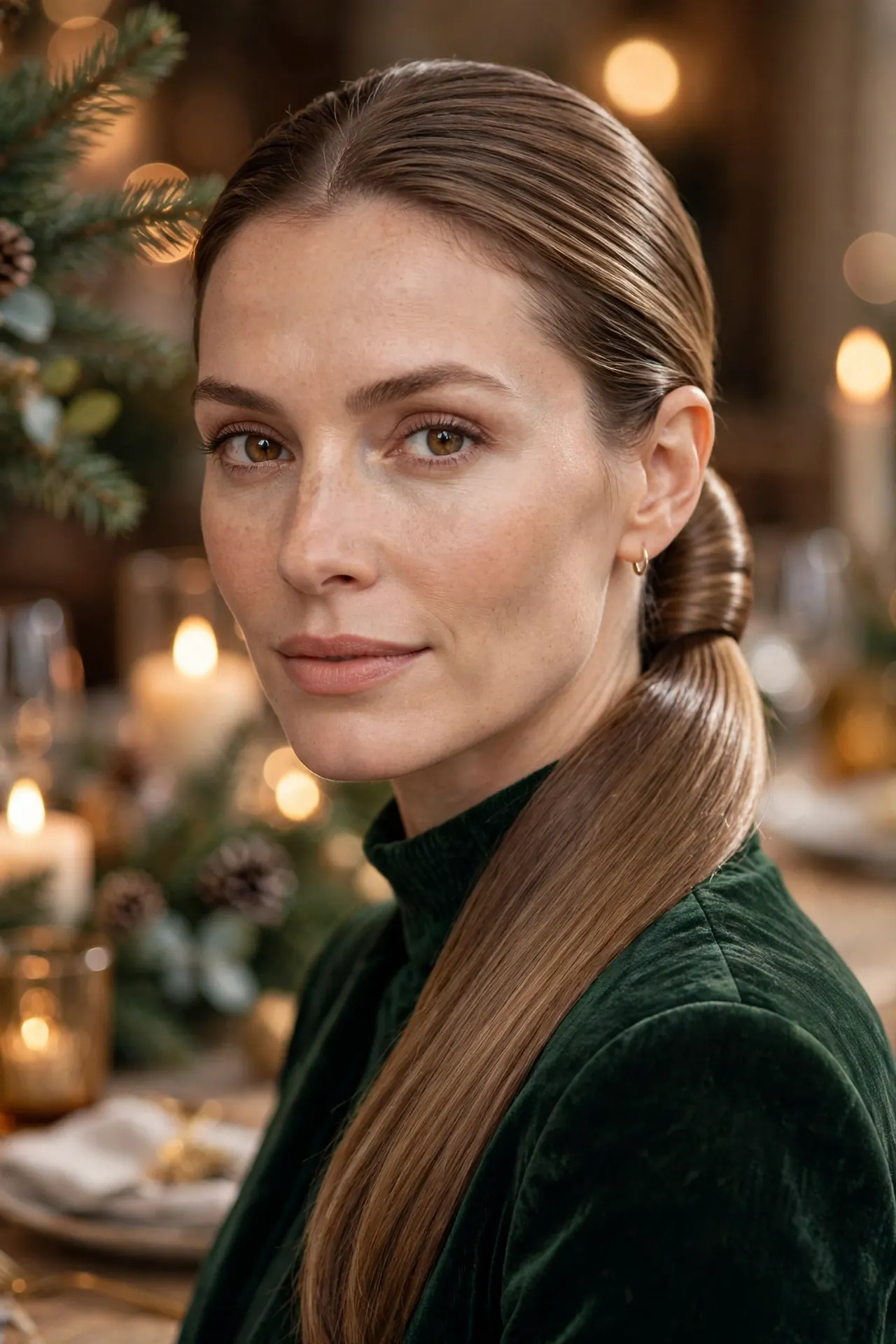 Sleek Wrapped Low Ponytail for Christmas Dinner