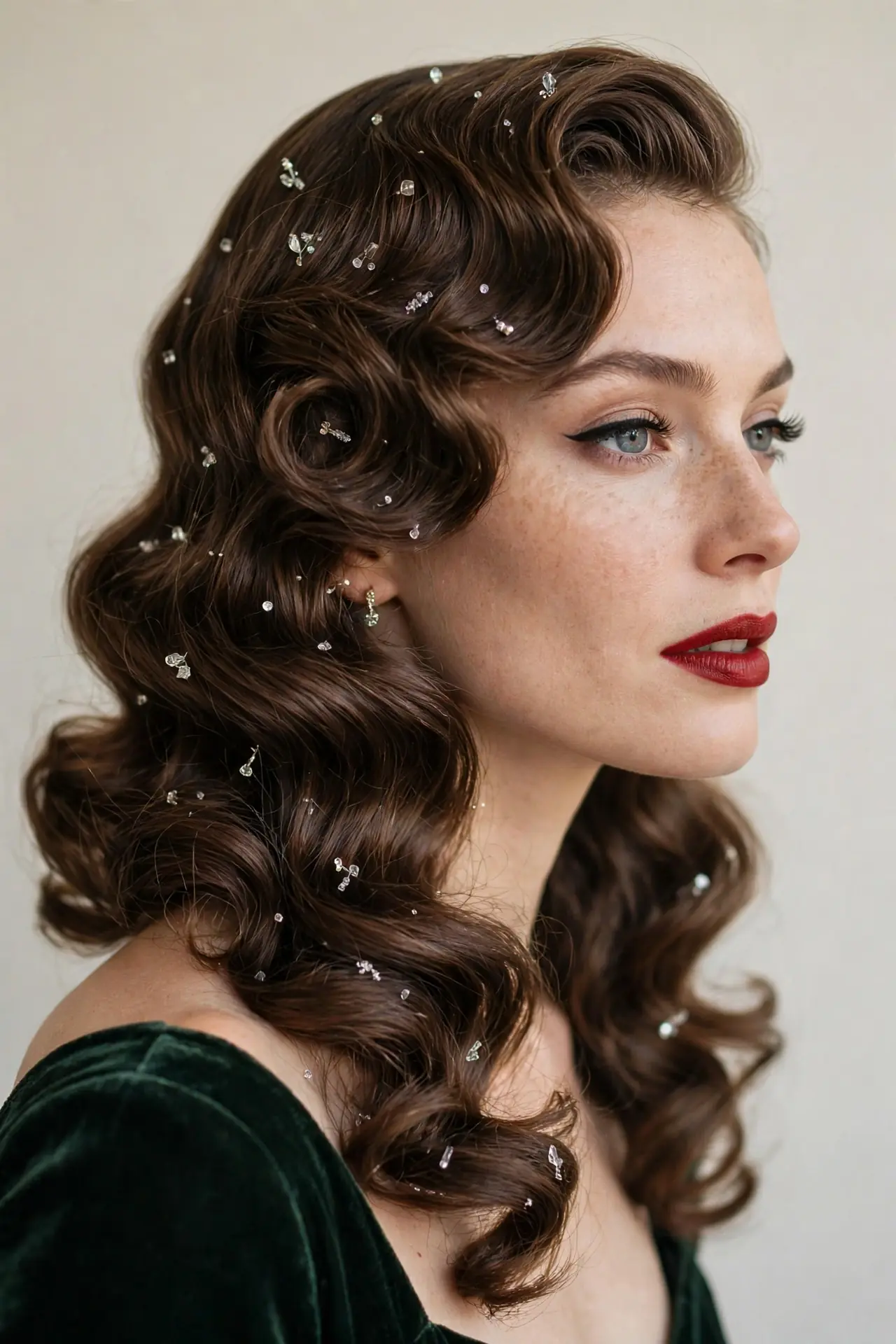 Side-Swept Vintage Curls with Hair Jewels