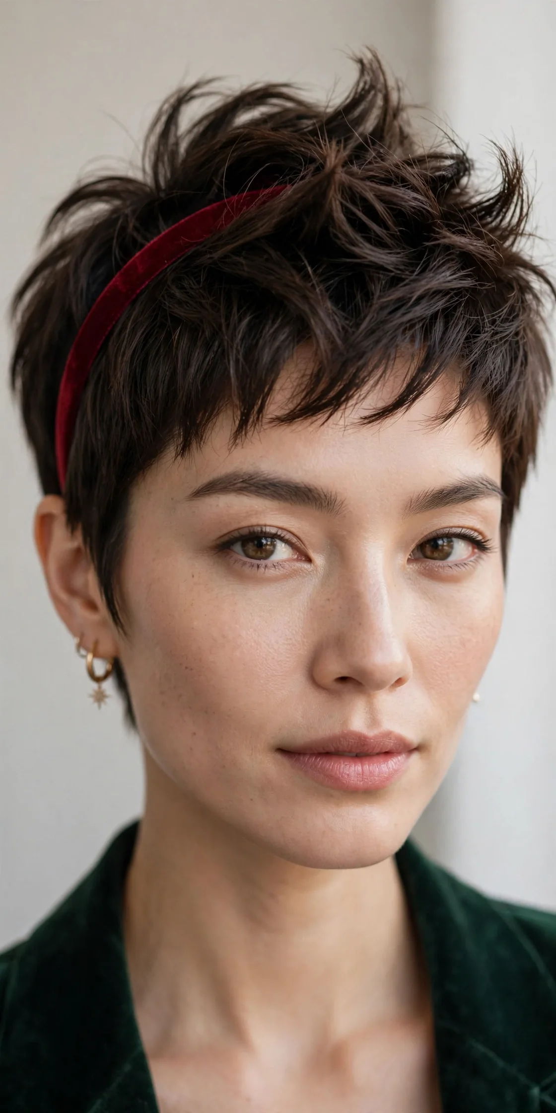 Sculpted Holiday Pixie with a Velvet Headband