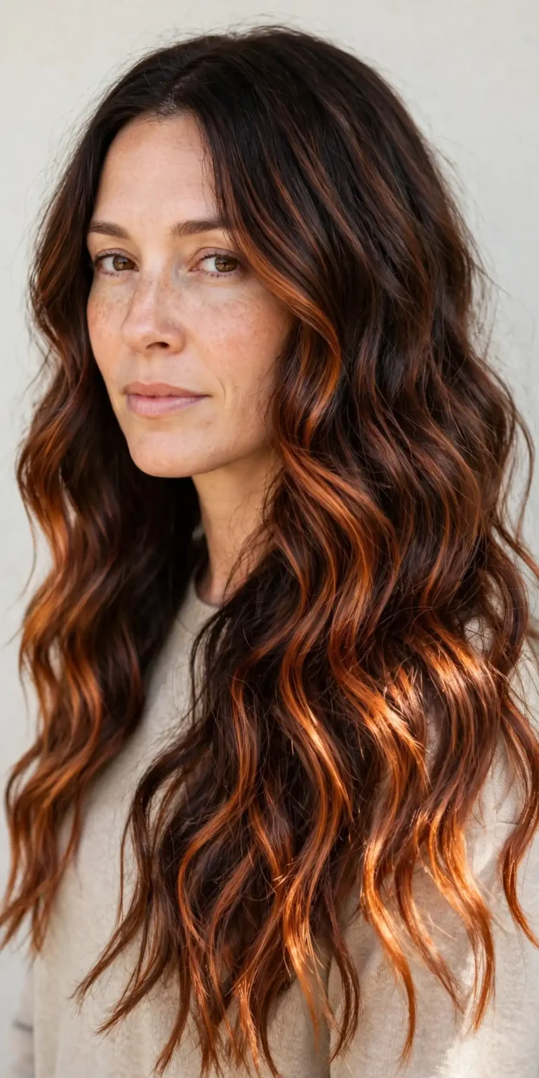 Rooted Saddle-Leather Cowboy Copper Balayage on Long Waves