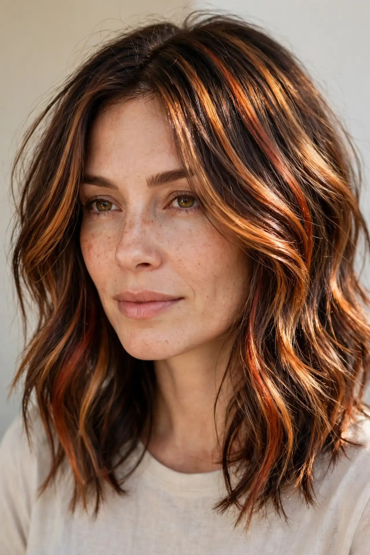 Amber-and-Copper Ribbon Balayage on Mid-Length Layers