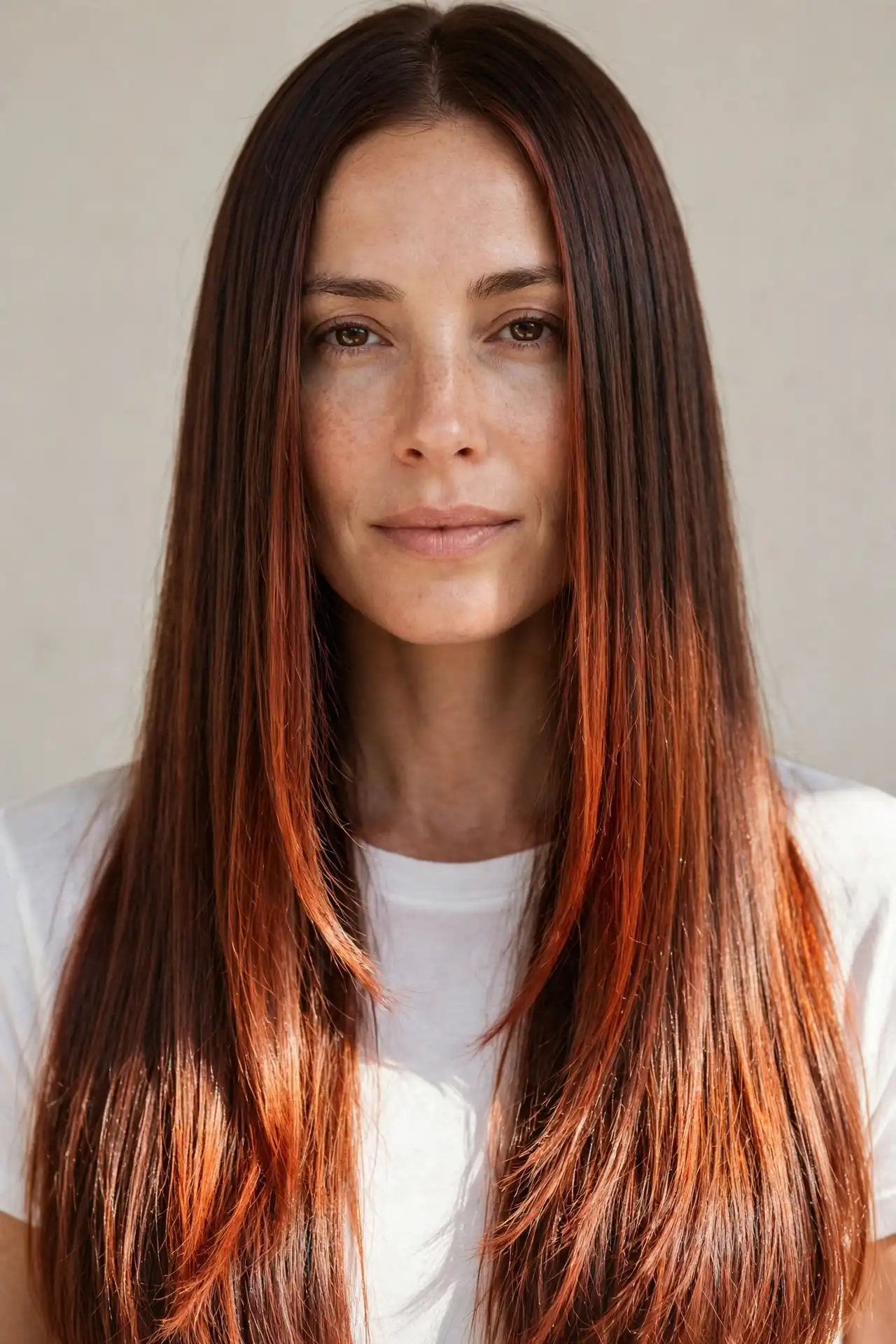 Spicy Cinnamon Copper Balayage on Long Straight Hair