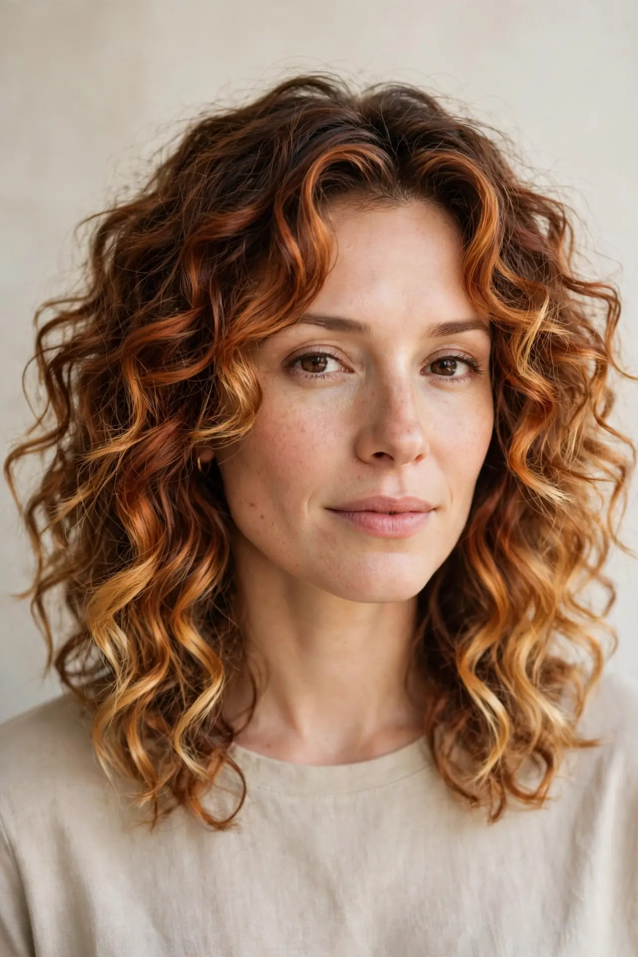 Copper Balayage Melt with Honey Tips on Curly Hair
