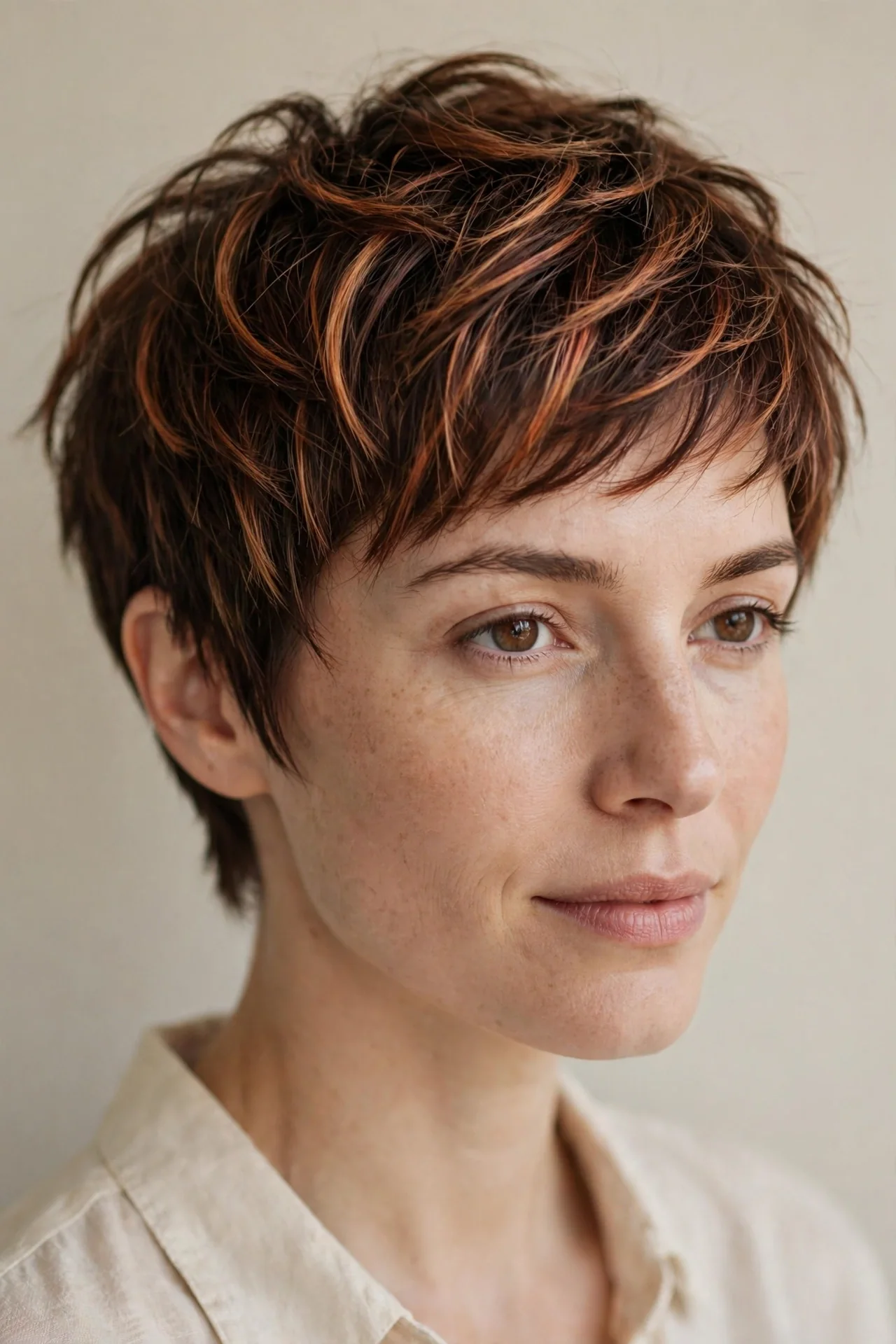 Soft Pumpkin-Spice Cowboy Copper Balayage on Short Layers