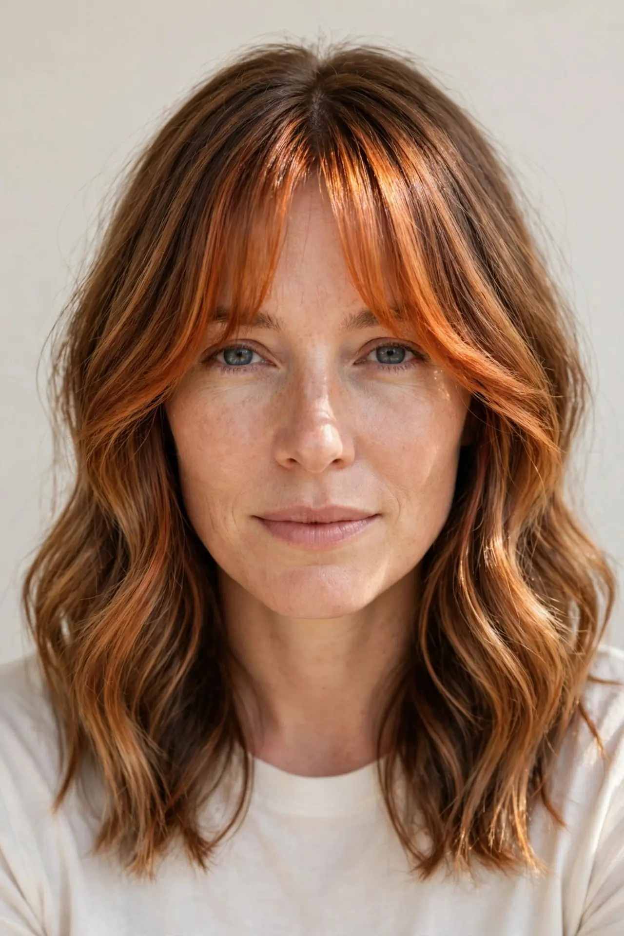 Rich Toffee-and-Copper Balayage with Curtain Bangs