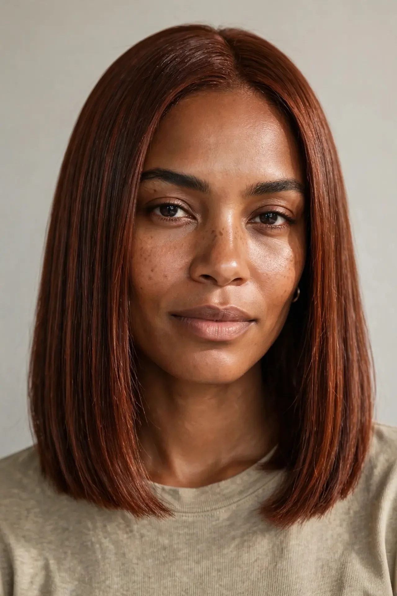 Deep Leathery Cowboy Copper on a Sleek Long Bob