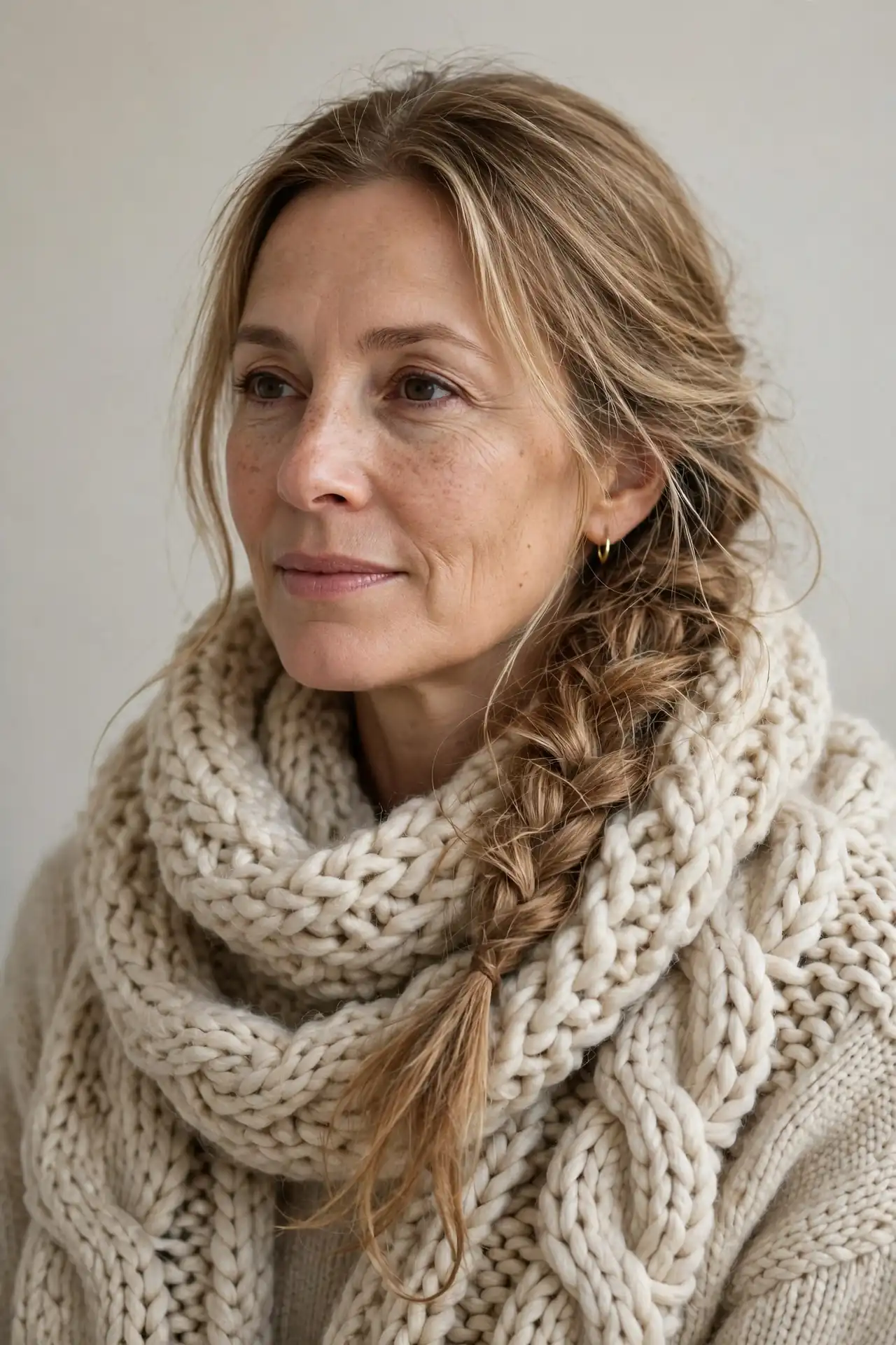 Side-Swept Loose Braid Over a Chunky Knit