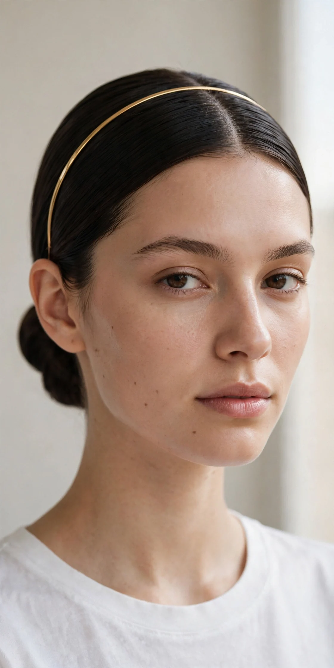 Thin Gold Metal Band with a Sleek Low Bun