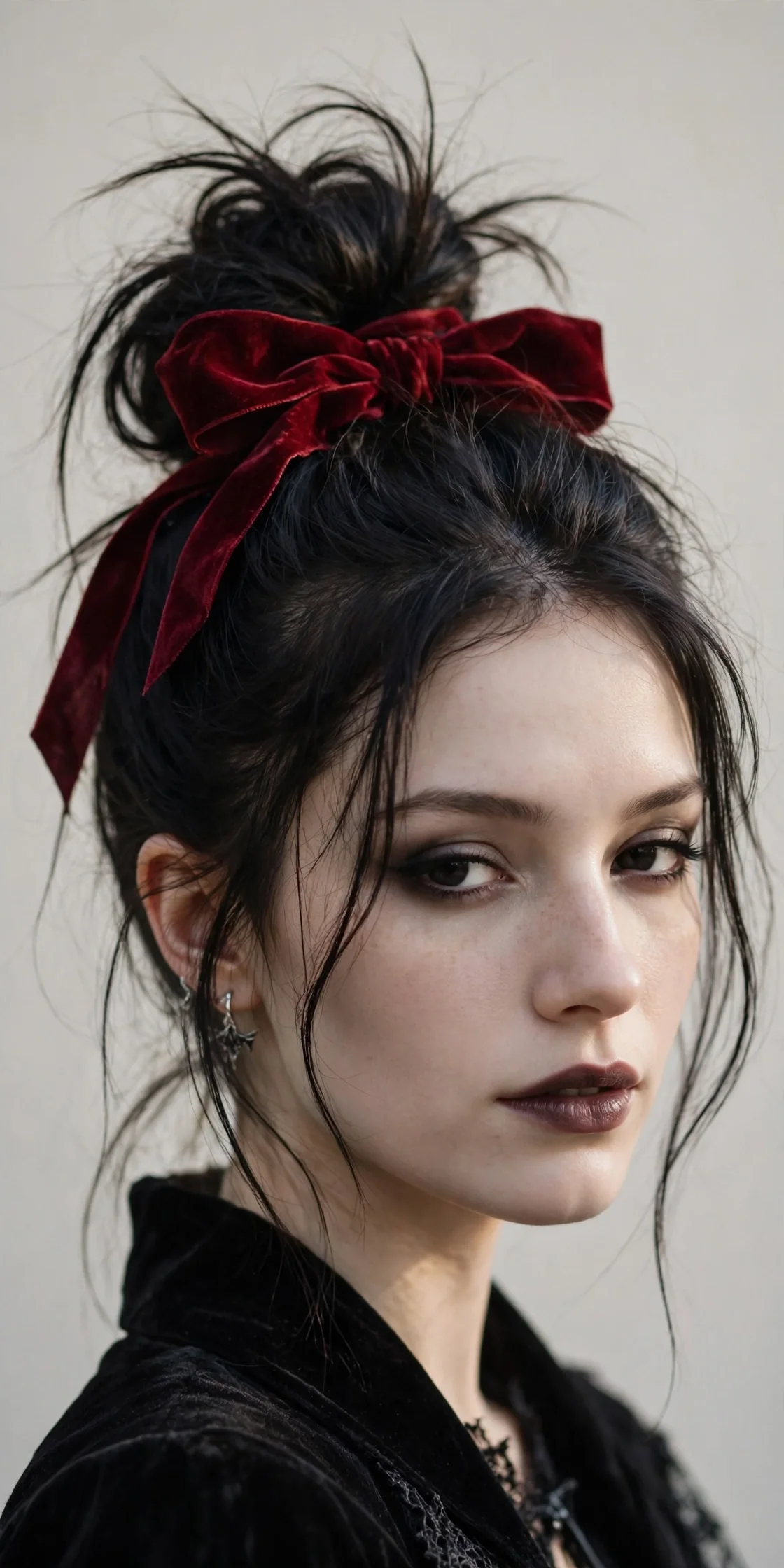 Vampire's Messy Top Knot with a Red Ribbon