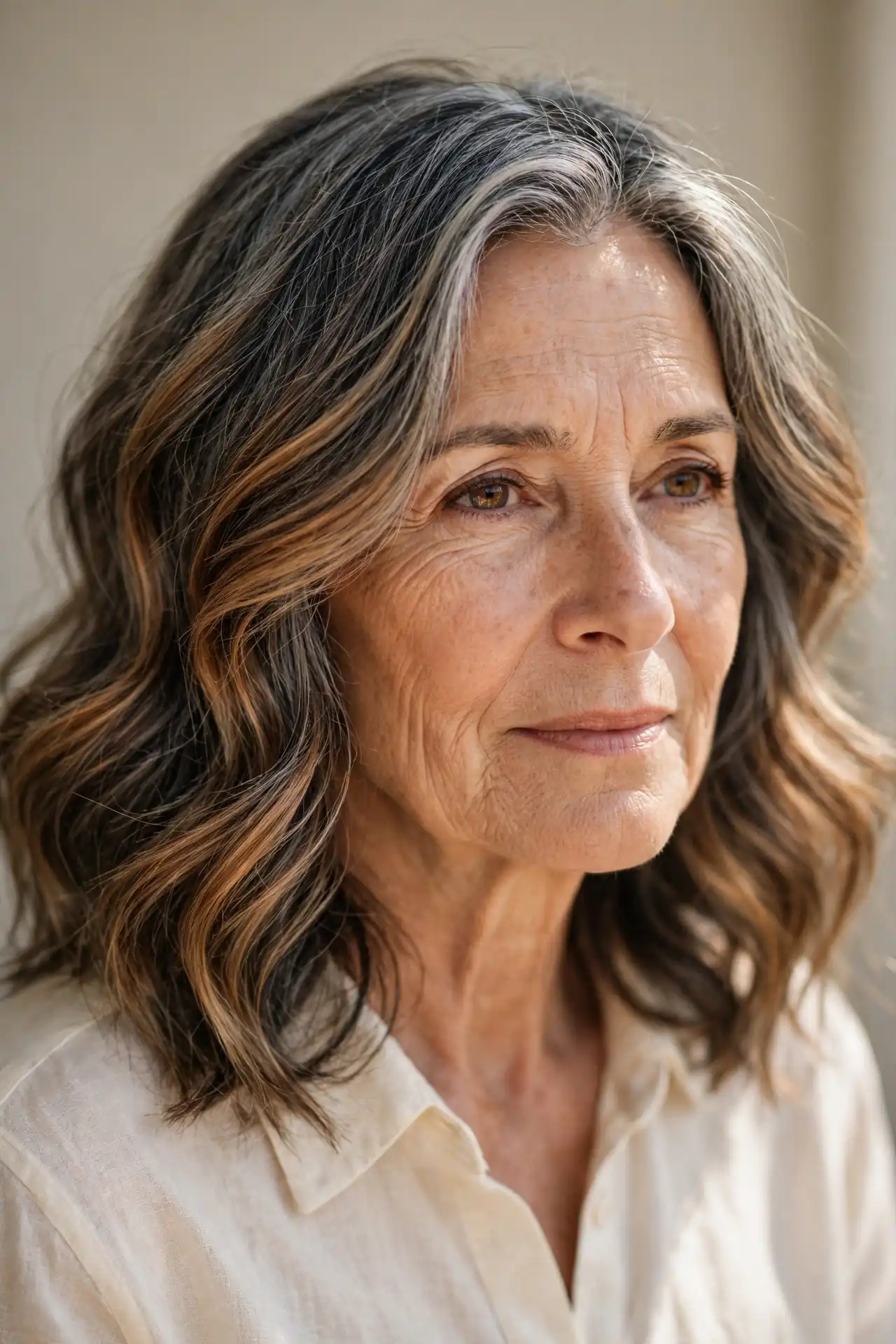 Sunlit Bronze Balayage for Gray Blending