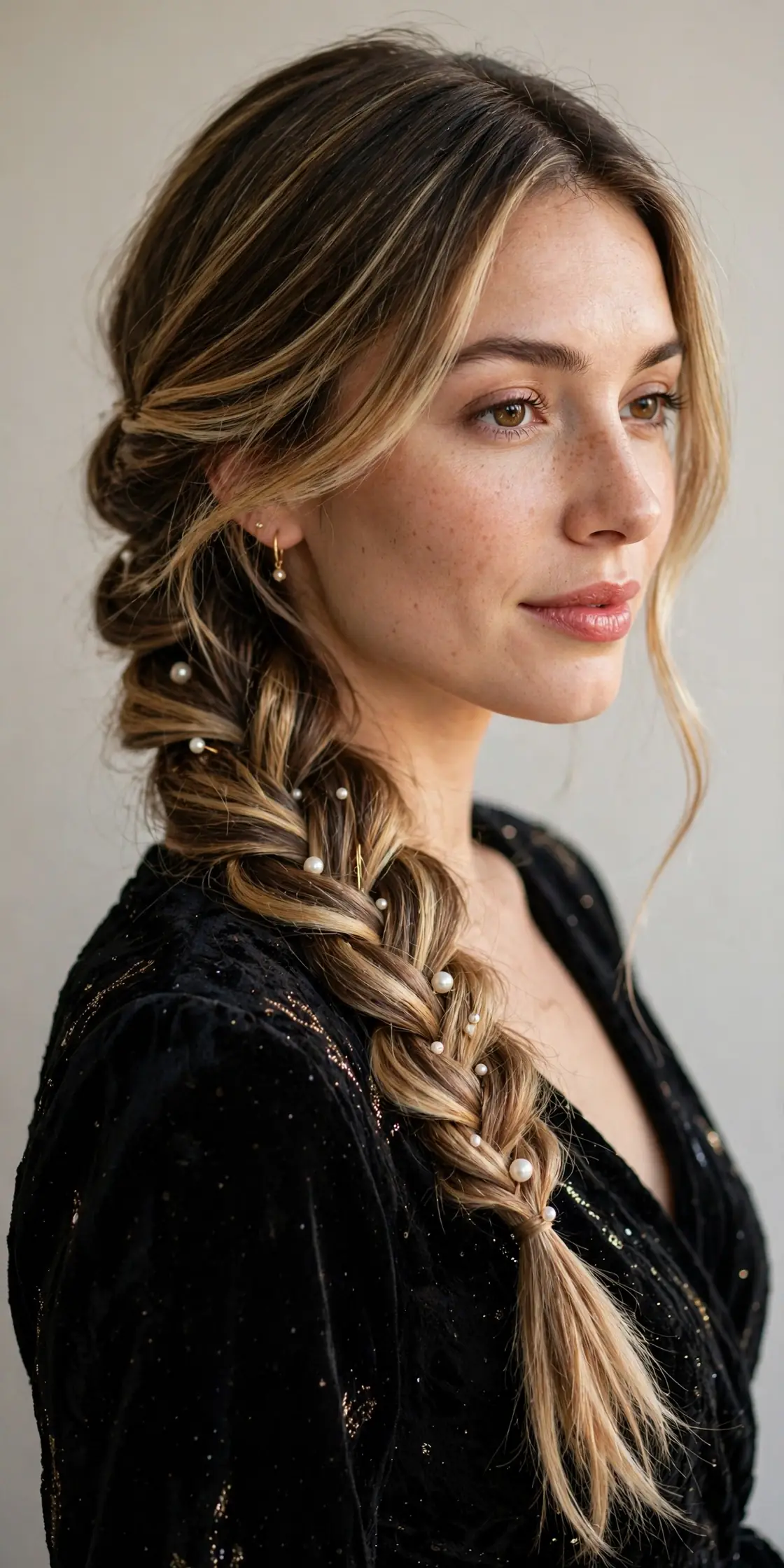 Side-Swept Fishtail Braid with Festive Shine