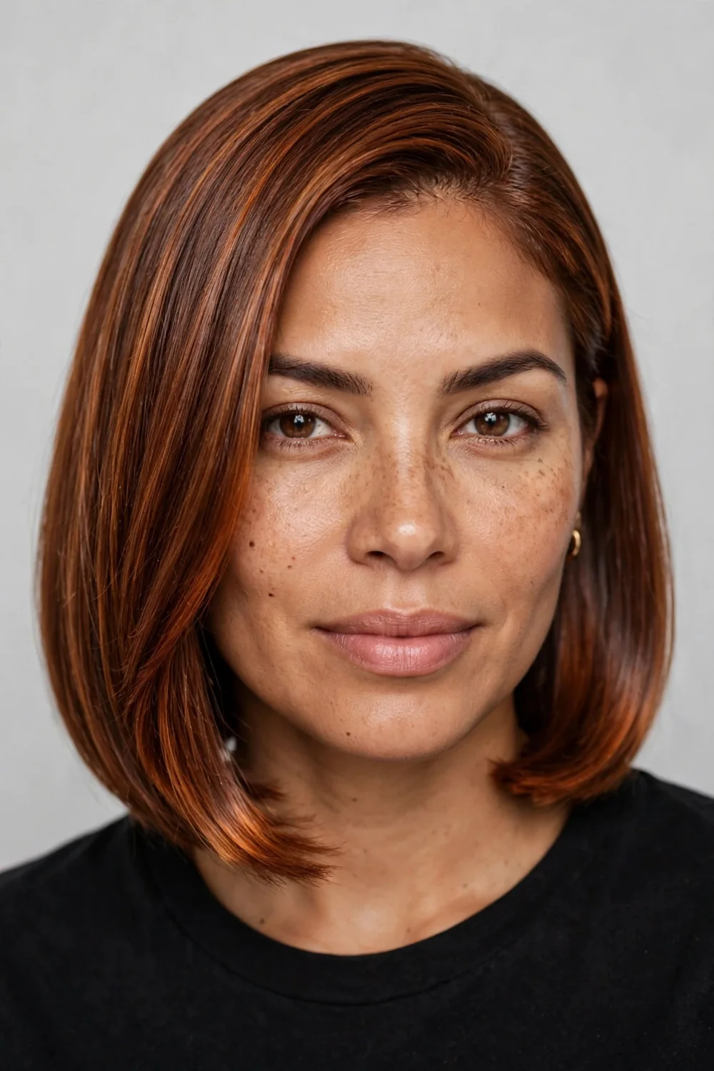Glossy Ginger Brown Hair Color on a Lob