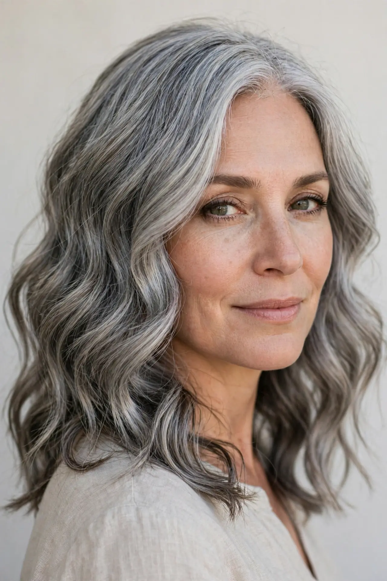 Wavy Shoulder-Length Hair with Smoky Ash Lowlights