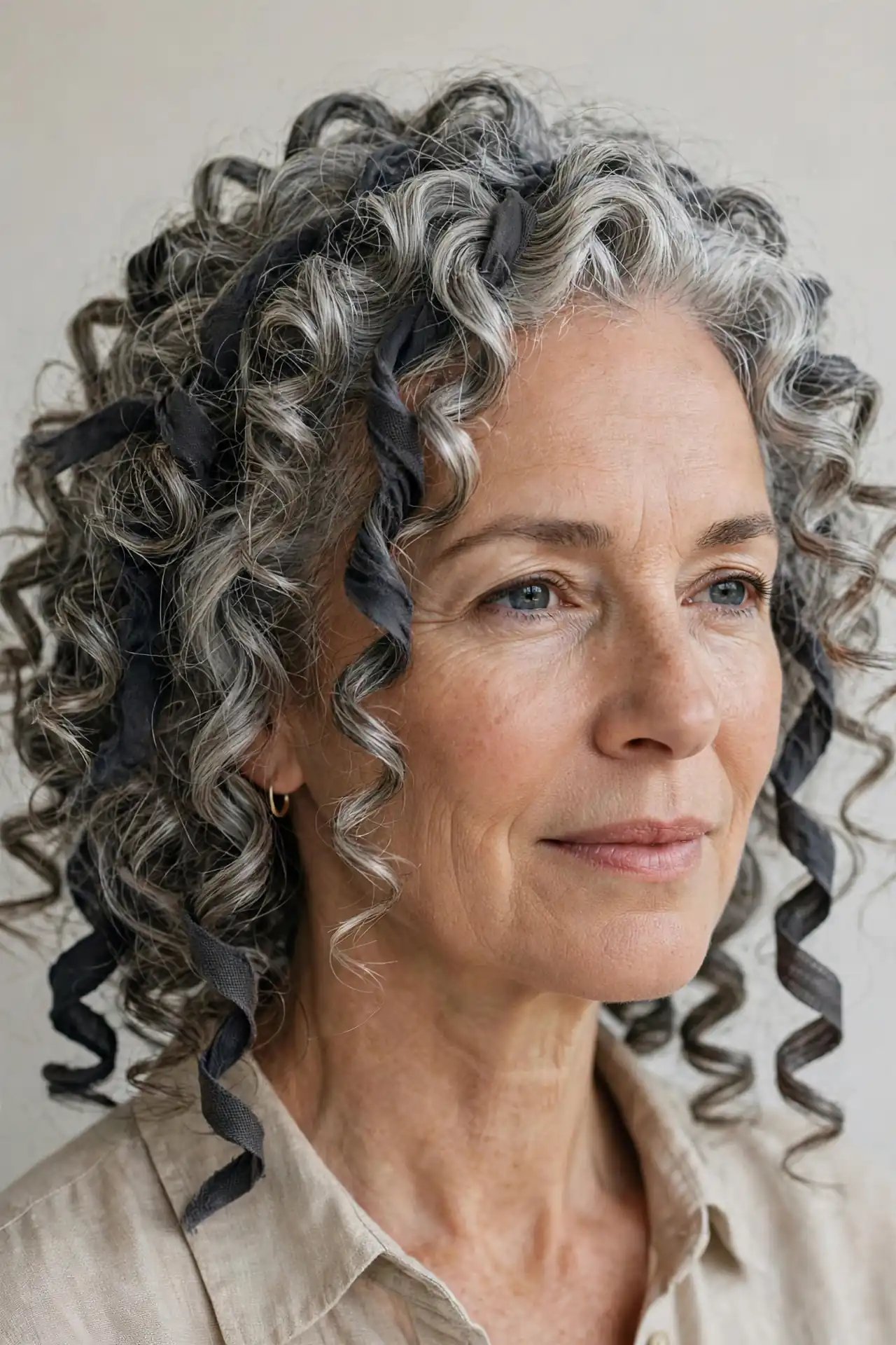 Curly Gray Hair with Charcoal Ribbon Lowlights