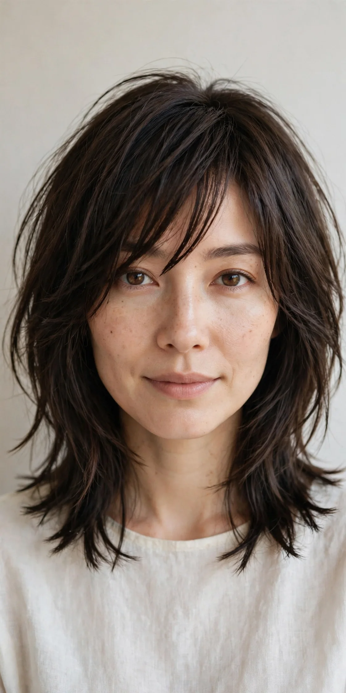 Choppy Side-Swept Bangs with Shoulder-Length Layers