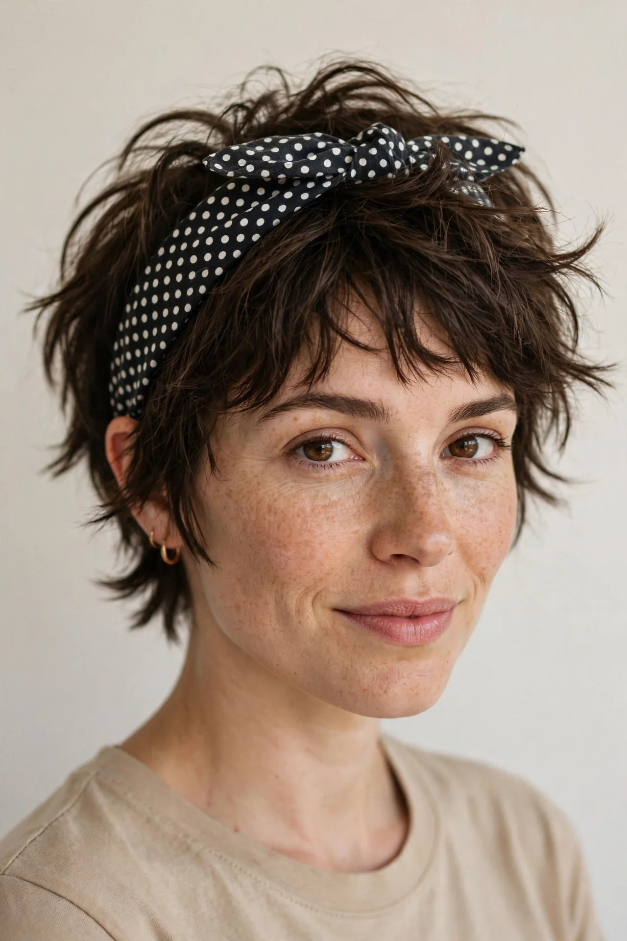 Polka-Dot Fabric Headband with a Messy Short Shag