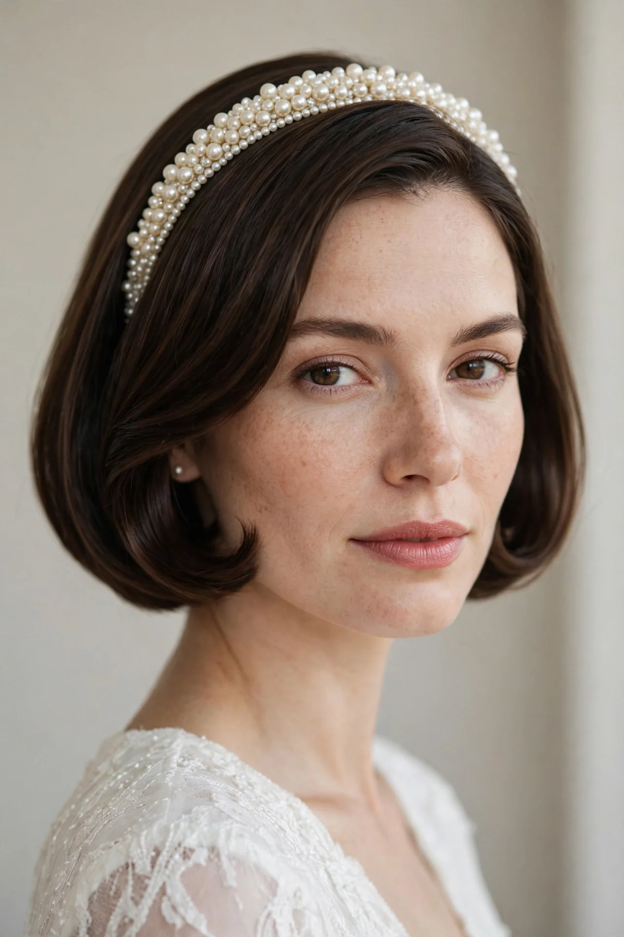 Pearl-Studded Headband on a Polished Short Bob