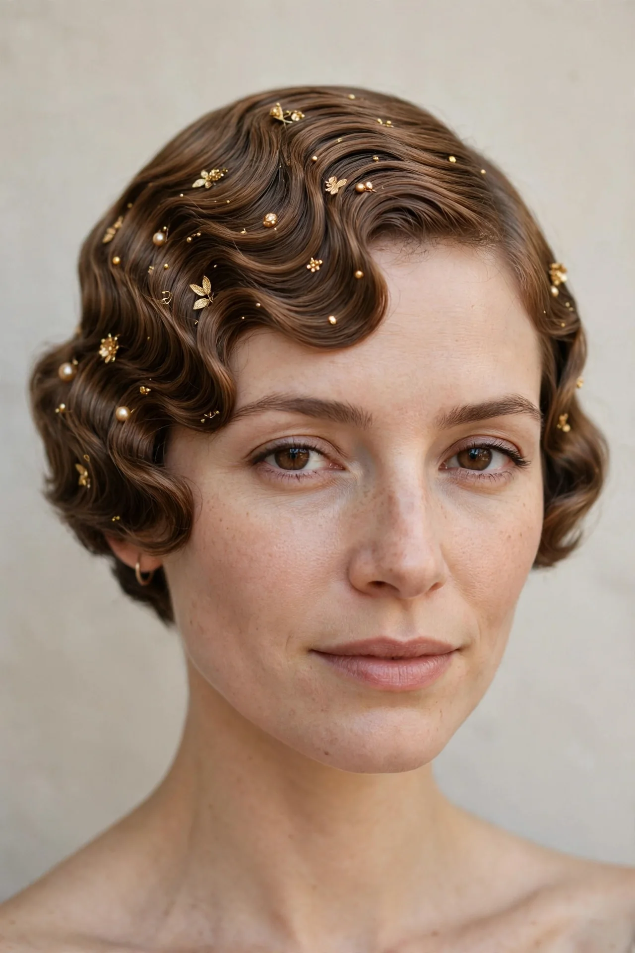 Sculpted Finger Waves with Golden Hair Jewels