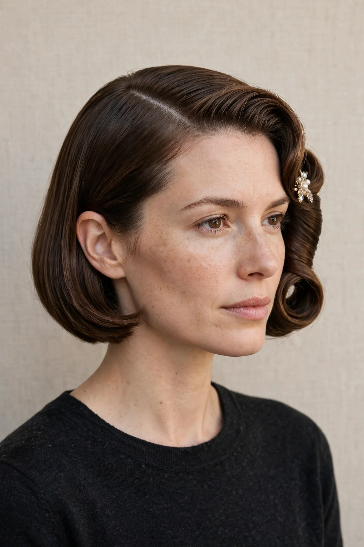 Side-Swept French Roll on a Chin-Length Bob