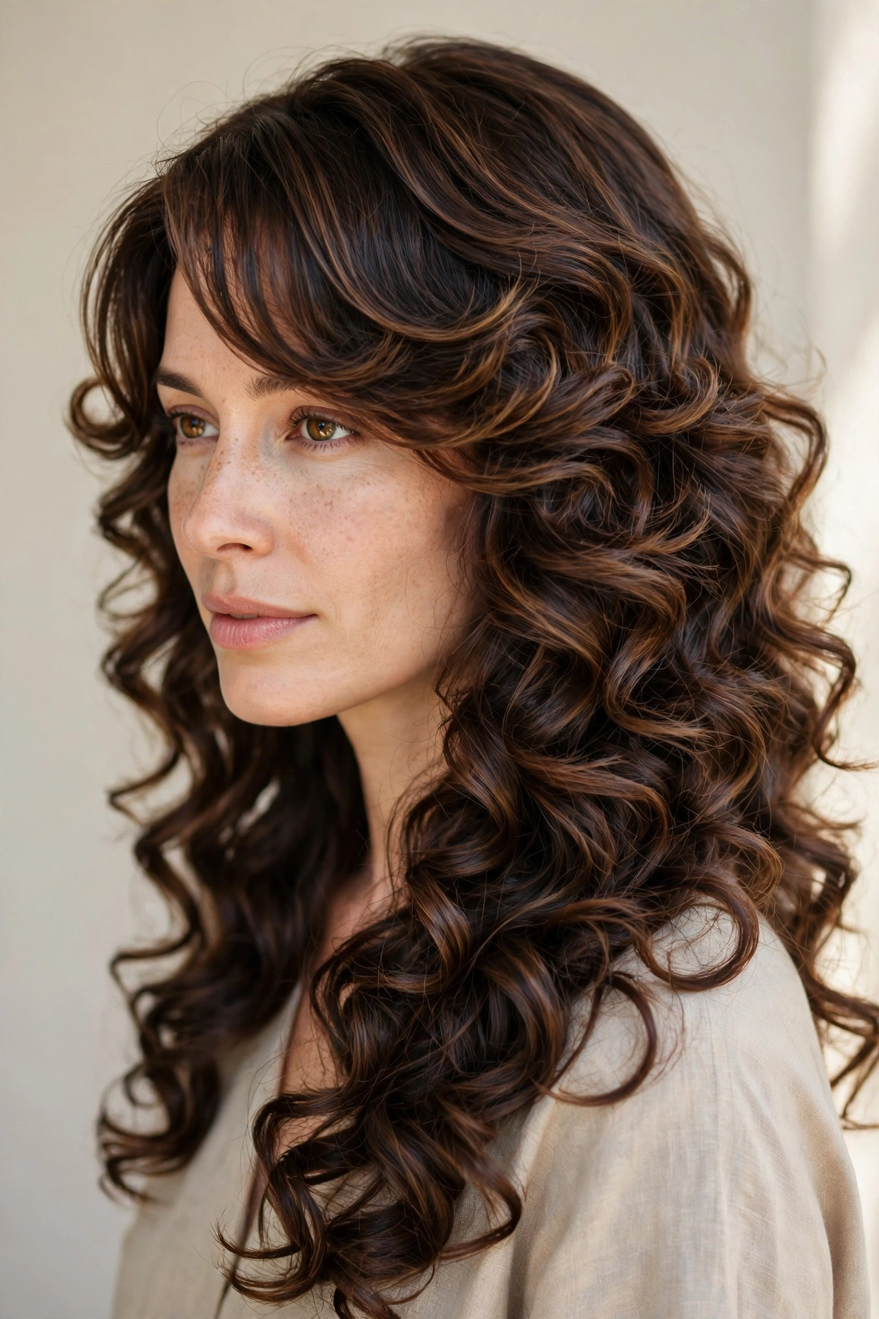 Long Layers with a Side-Swept Curly Fringe