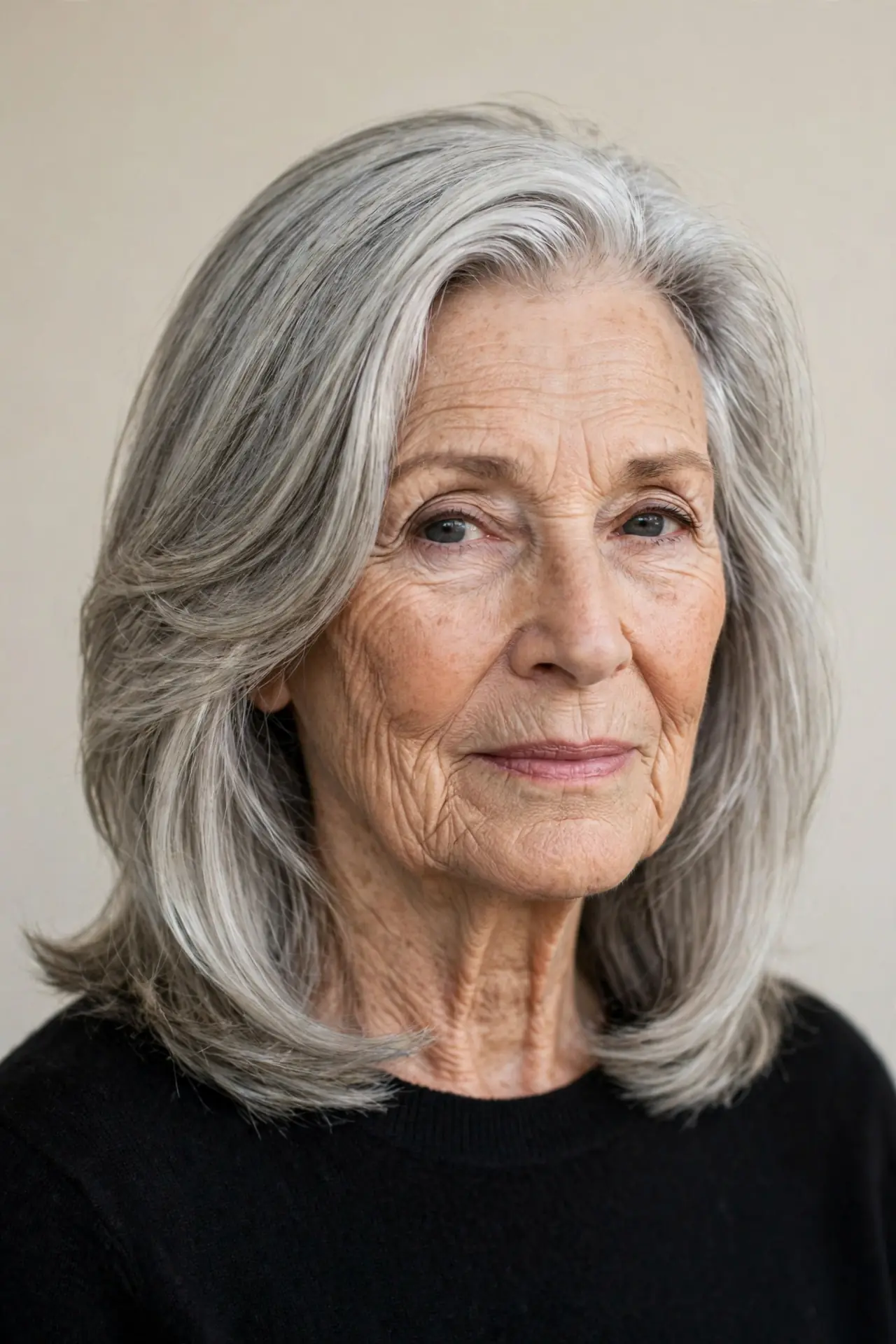 Side-Parted Medium Silver Layers for Older Women