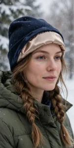 Winter Protective Hairstyle for Women: Silk-Lined Beanie with Loose Braids