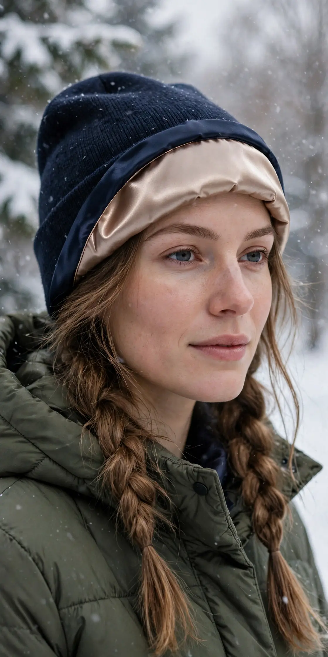 Winter Protective Hairstyle for Women: Silk-Lined Beanie with Loose Braids